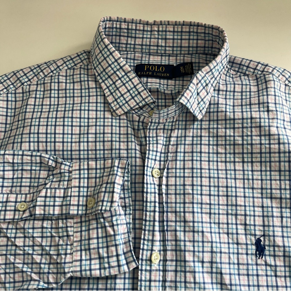 Polo Ralph Lauren Men’s Light Pink Blue Plaid Long Sleeve Button‎ Down XL